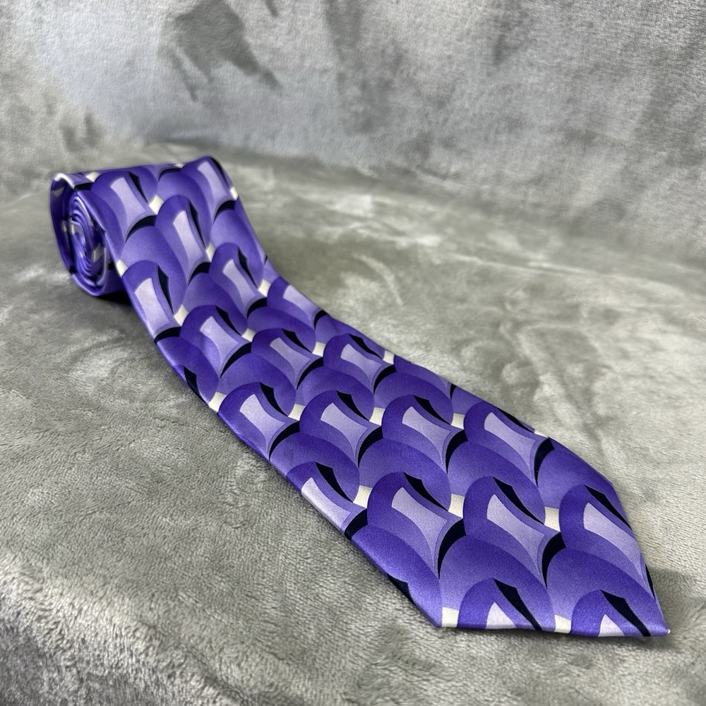 Safford 100% Silk Neck Tie 4" x 62" Purple Black Waves Geometric Design